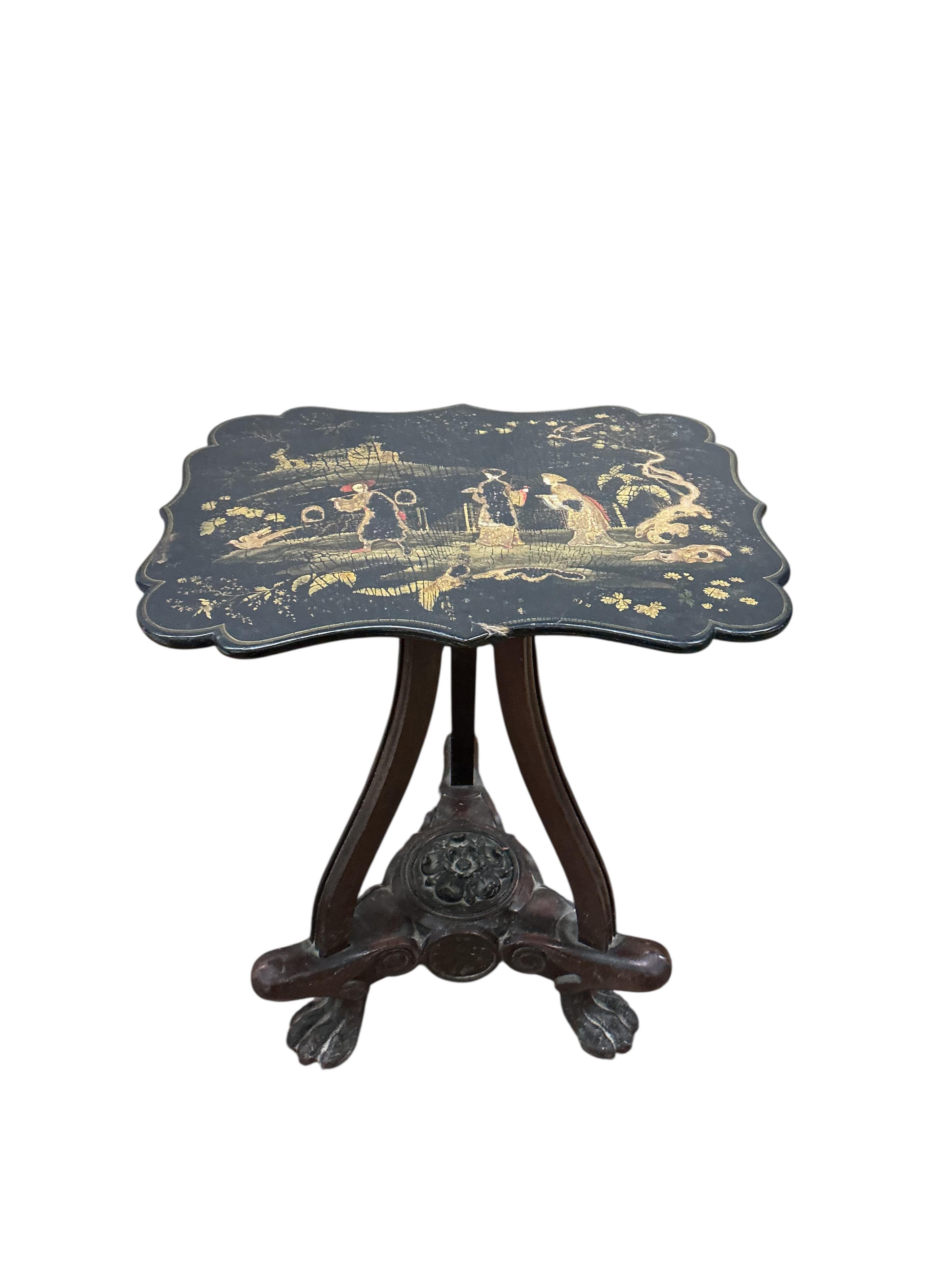 A pair of chinoiserie lacquer papier maché occasional tables with mahogany and cast iron underframes converted from polescreens, width 37cm, depth 29cm, height 46cm